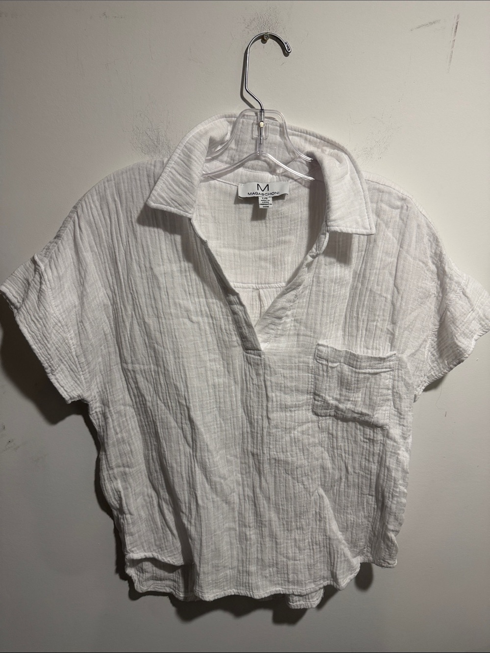 Magaschoni White Short-Sleeve Button-Down Gauzy Pocket Shirt Size Large
